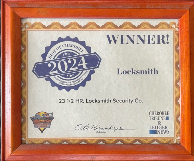 Award certificate: "Best of Cherokee 2024 Winner" for Locksmith, given to 23 1/2 HR. Locksmith Security Co.