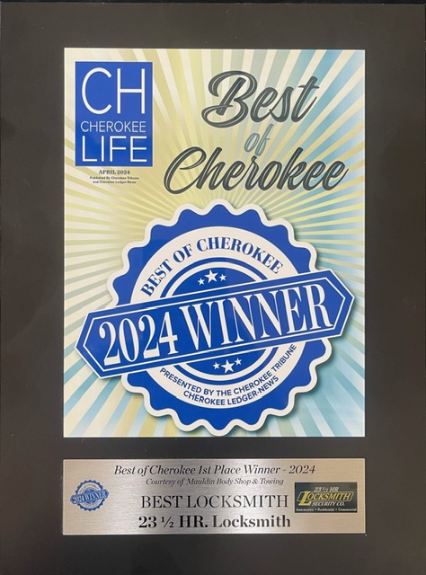 Award plaque: "Best of Cherokee 2024 Winner" for Best Locksmith, given to 23 1/2 HR. Locksmith by Cherokee Life.